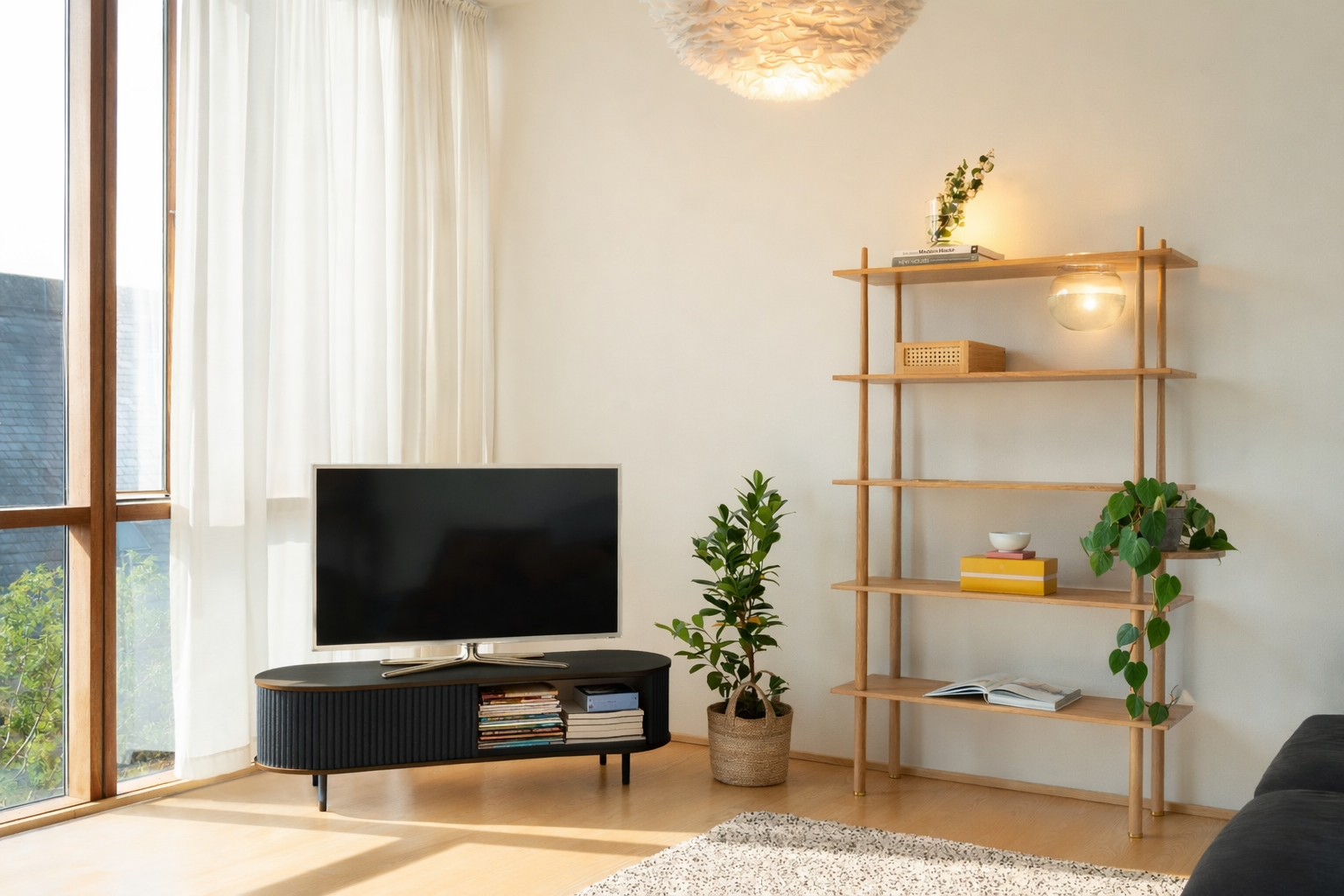 Living room in evening light with warm ambient lamp glow